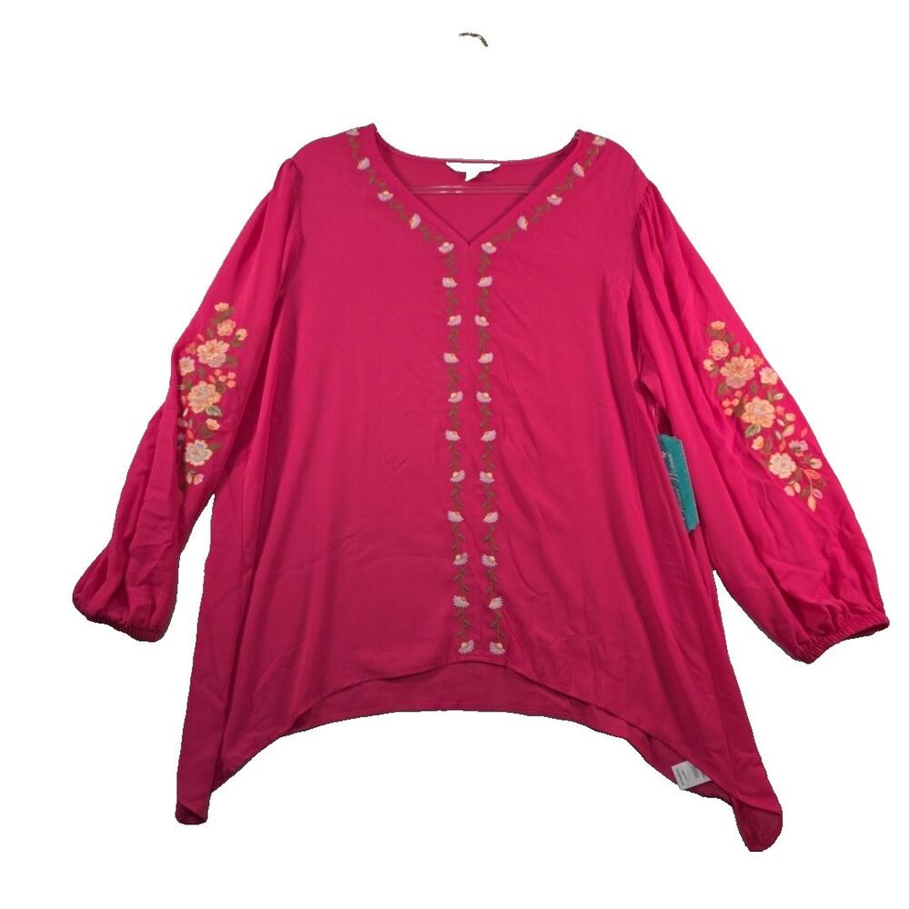 Pioneer Woman Shark Bite Hem Tunic Size XL Pink Peasant Top Embroidered NWT